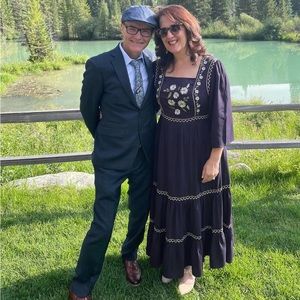 Tea N Rose Embroidered Floral Midi Navy Blue Dress